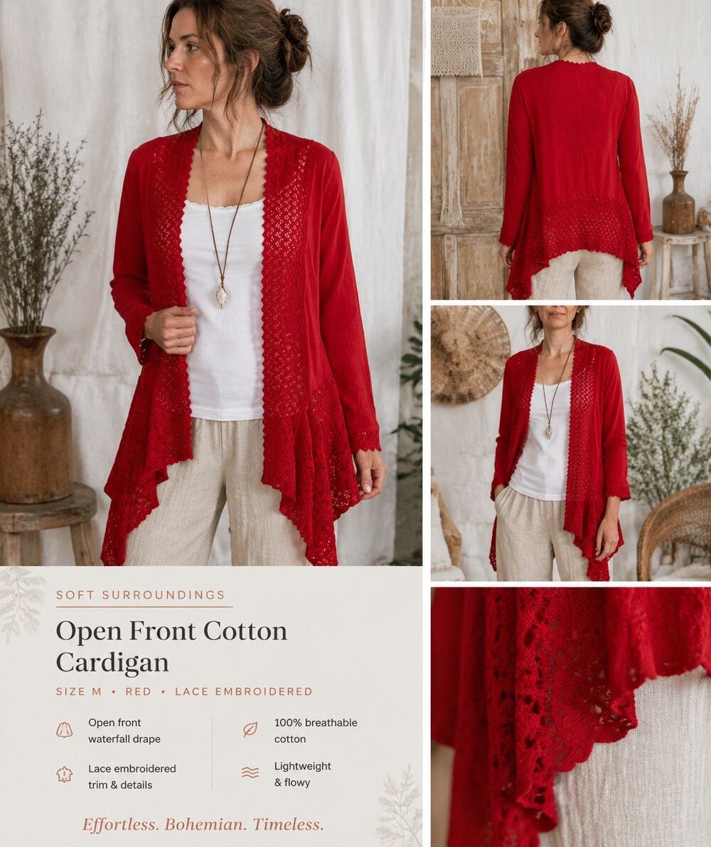 Soft Surroundings Open Front cotton Cardigan Size Medium Red Lace Embroidered